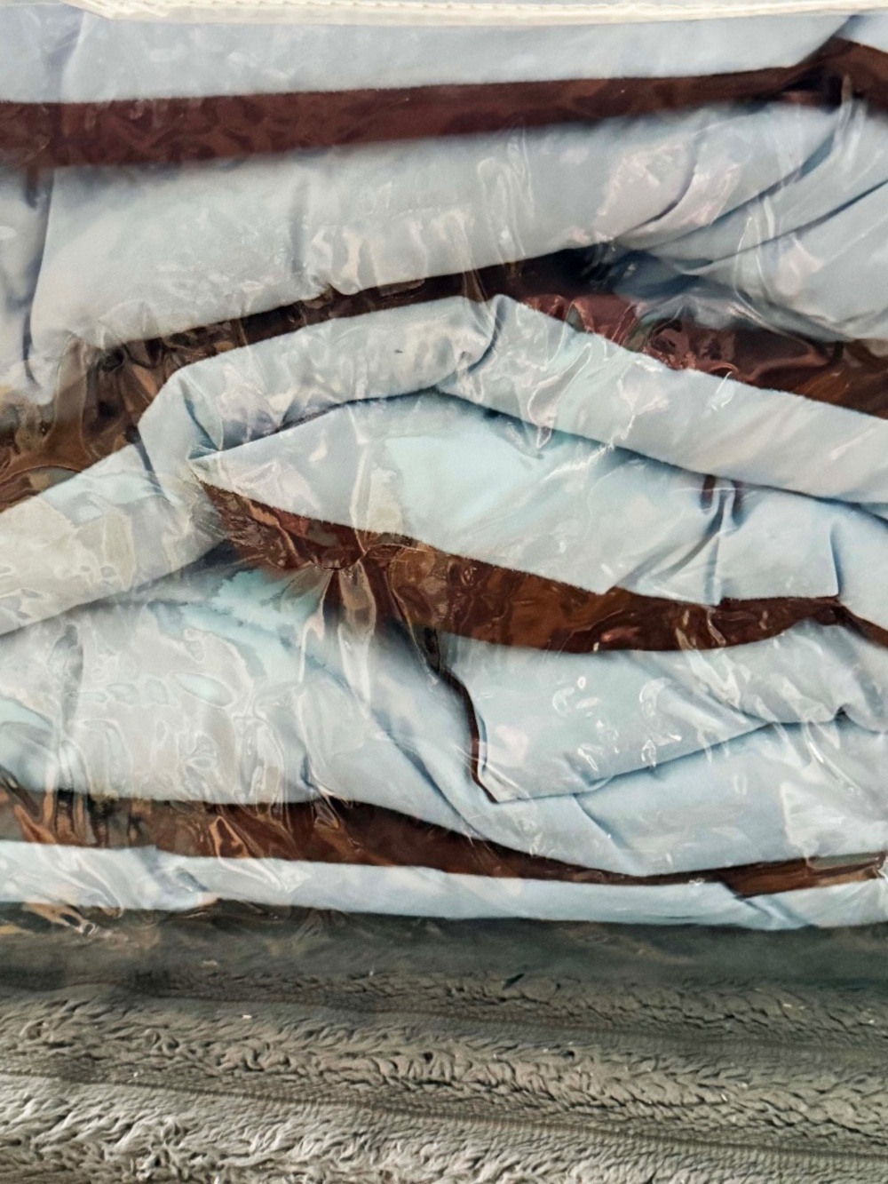 COMFORTER, REVERSIBLE, LIGHT BLUE & DARK BROWN, QUEEN SIZE, IN ORIGINAL PACKAGE,
